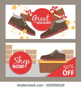 Men shoes horizontal flyers. Vector summer fashion model beige man shoe store and discount
