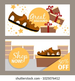 Men shoes horizontal flyers. Vector summer fashion model brown man shoe store and discount