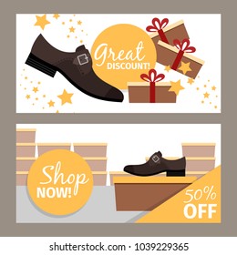 Men shoes horizontal flyers. Vector fashion model man shoe store and discount