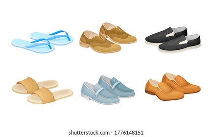 Men Shoes and Loafers Made of Leather and Textile Vector Set