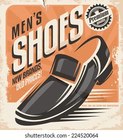 Men shoes retro poster design concept. Vintage vector document template for footwear store on old paper texture.