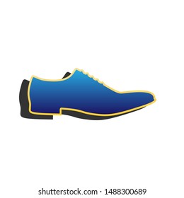 Men Shoes sign. Blue icon with gold contour with dark gray shadow at white background. Illustration.