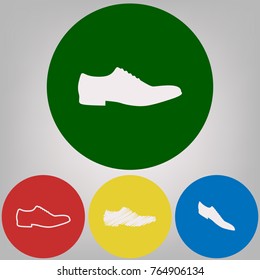 Men Shoes sign. Vector. 4 white styles of icon at 4 colored circles on light gray background.