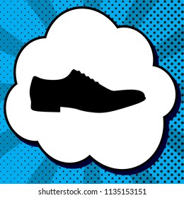 Men Shoes sign. Vector. Black icon in bubble on blue pop-art background with rays.