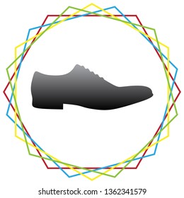 Men Shoes sign. Vector. Black icon with patch of light inside colorful hexagonal frames at white background.