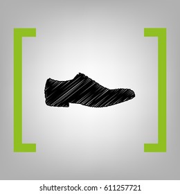 Men Shoes sign. Vector. Black scribble icon in citron brackets on grayish background.