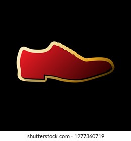 Men Shoes sign. Vector. Red icon with small black and limitless shadows at golden sticker on black background.
