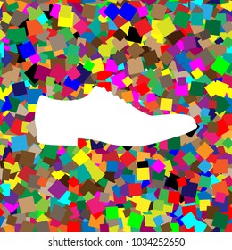 Men Shoes sign. Vector. White icon on colorful background with seamless pattern from squares.