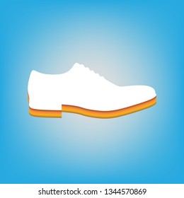 Men Shoes sign. Vector. White icon with 3d warm-colored gradient body at sky blue background.