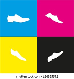 Men Shoes sign. Vector. White icon with isometric projections on cyan, magenta, yellow and black backgrounds.