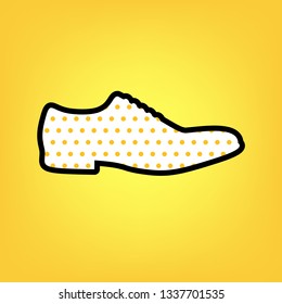 Men Shoes sign. Vector. Yellow polka dot white icon with black contour at warm yellow background.