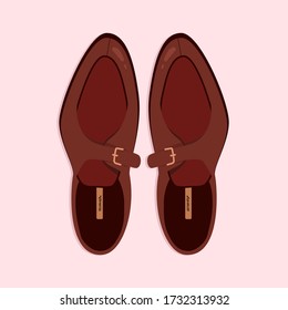 Men shoes top down view. Classic brown men shoes isolated illustration. Hand-drawn vector clip art for web and print. Trendy flat-lay style illustration of a men shoe pair. 