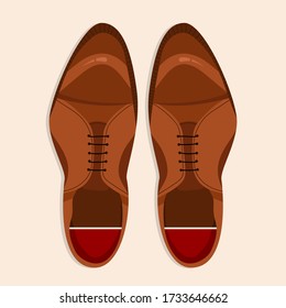 Men shoes top down view. Classic brown laced men shoes isolated illustration. Hand-drawn vector clip art for web and print. Trendy flat-lay style illustration of a men shoe pair. 