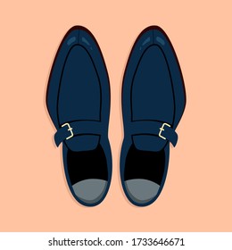 Men shoes top down view. Classic blue men shoes isolated illustration. Hand-drawn vector clip art for web and print. Trendy flat-lay style illustration of a men shoe pair. 