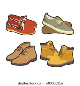 Men shoes winter or summer boot types vector flat isolated icons set