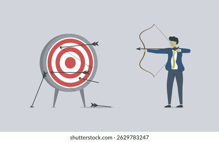 Men shoot the target with bow and arrow. business target plan for audience, provit, income for company or else. vector design for presentation, motivation, and inspiration.