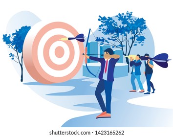 Men Shoots Bow at Target. Arrows Different Sizes. Achive Goal. Overcome Obstacles. Successful Businessman. Vector Illustration. Competitive Work in Office. Receive Reward. Darts Game.