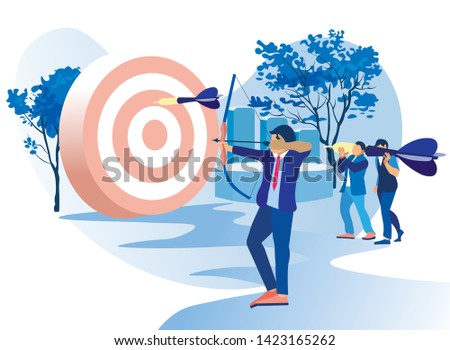 Men Shoots Bow at Target. Arrows Different Sizes. Achive Goal. Overcome Obstacles. Successful Businessman. Vector Illustration. Competitive Work in Office. Receive Reward. Darts Game.