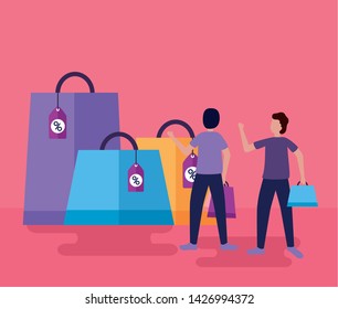 men shopping bags discount clothes enjoy outdoor vector illustration