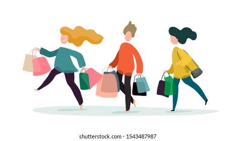 Men with shopping bags. Modern art concept with happy people walking after shopping.