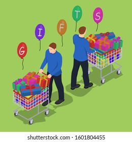 Men with a shopping cart in isometric view. Two identical men with gifts in trolleys.
