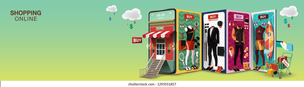 Men Shopping Online Mobile Phone Long Size VECTOR