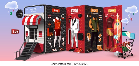 Men Shopping Online on Mobile Phone VECTOR