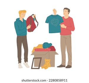 Men shopping in second hand shop, flat vector illustration isolated on white background. Cardboard box with used goods - clothes, toys and bags. Garage sale, flea market and charity shop.