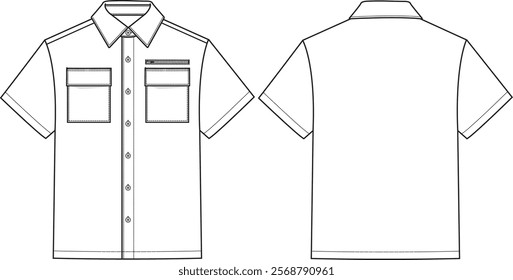 Men short sleeves shirt with full buttons closure at front, chest pockets, zip pocket, boxy fit, collar, sketch front and back