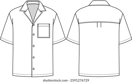Men short sleeves shirt with peak-lapel collar and chest pocket, buttons closure at front, boxy fit, back yoke with pleats, sketch front and back, vectors