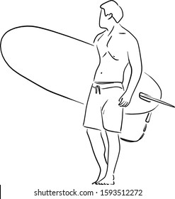 Men in shorts holding surfboard vector illustration sketch doodle hand drawn with black lines isolated on white background