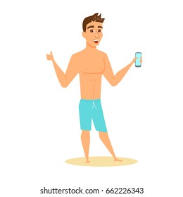Men in shorts shows phone and with raised index finger. Happy guy on beach in swimsuit holding a digital device. Cartoon summer male character with smartphone isolated on white