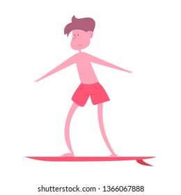 Men in shorts with surfboard. Happy guy on beach in swimsuit holding a surf. Cartoon summer male character with isolated on white