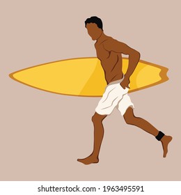 Men in shorts with surfboard. Happy guy on beach in swimsuit holding a surf. Cartoon summer male character.