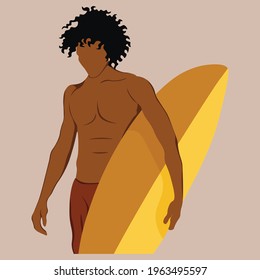 Men in shorts with surfboard. Happy guy on beach in swimsuit holding a surf. Cartoon summer male character.