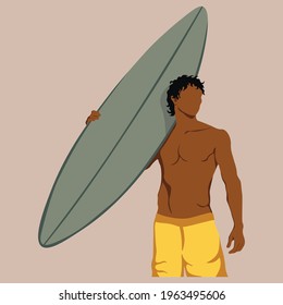 Men in shorts with surfboard. Happy guy on beach in swimsuit holding a surf. Cartoon summer male character.