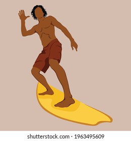 Men in shorts with surfboard. Happy guy on beach in swimsuit holding a surf. Cartoon summer male character.