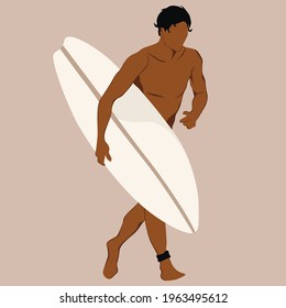 Men in shorts with surfboard. Happy guy on beach in swimsuit holding a surf. Cartoon summer male character.