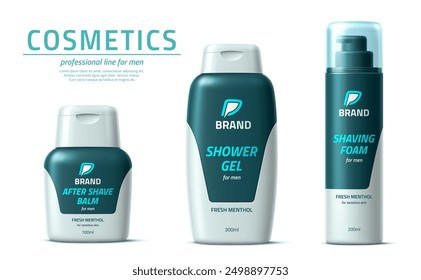 Men shower gel, shaving foam and after shave balm cosmetic product package template. Realistic 3d vector packaging mockups, professional cosmetics line with fresh menthol ingredient for sensitive skin