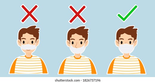 The men showing how to wearing face mask correctly and incorrectly in flat design. The correct wearing mask are prevent the spread of the coronavirus and Covid-19 disease-vector and illustrations.