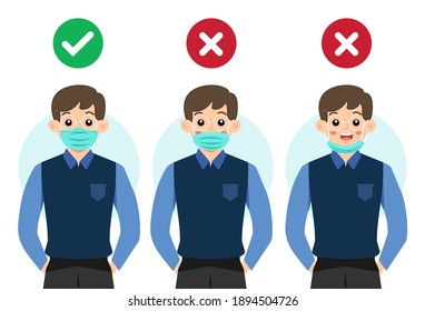 There’re men showing how to wearing face mask right and wrong, to avoiding air pollution or avoiding viruses or illness.
