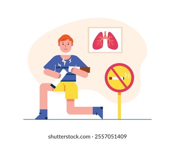 Men are showing say no to smoking, causing many diseases. Start a healthy life. Character design. Vector flat illustration