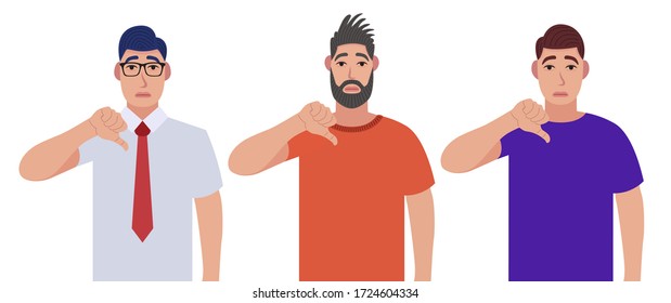 Hombres mostrando gestos de señal de abajo. No me gusta, no está de acuerdo, decepción, desaprobación, no hay concepto de acuerdo. Juego de caracteres. Ilustración vectorial al estilo de las caricaturas.