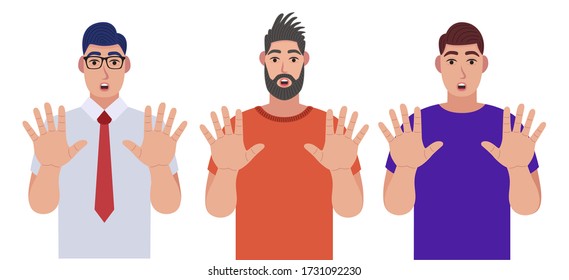 Men shows stop gesture with their hands. Character set. Vector illustration in cartoon style.
