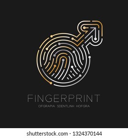 Men sign pictogram pattern Fingerprint scan logo icon dash line, male gender concept, illustration silver and gold isolated on black background with Fingerprint text and space, vector