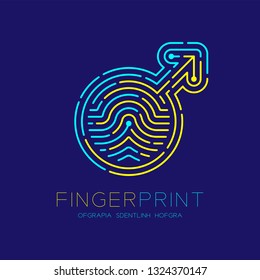 Men sign pictogram pattern Fingerprint scan logo icon dash line, male gender concept, Editable stroke illustration blue and yellow isolated on blue background with Fingerprint text and space, vector