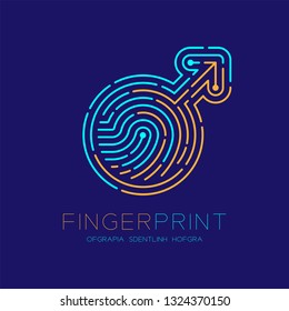 Men sign pictogram pattern Fingerprint scan logo icon dash line, male gender concept, Editable stroke illustration blue and orange isolated on blue background with Fingerprint text and space, vector