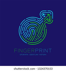 Men sign pictogram pattern Fingerprint scan logo icon dash line, male gender concept, Editable stroke illustration blue and green isolated on blue background with Fingerprint text and space, vector