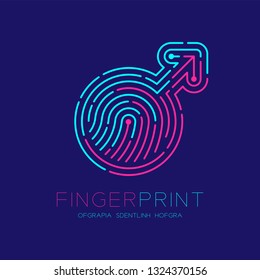 Men sign pictogram pattern Fingerprint scan logo icon dash line, male gender concept, Editable stroke illustration blue and pink isolated on blue background with Fingerprint text and space, vector