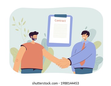 Men signing contract vector illustration. Two smiling businessmen shaking hands with contract on background. Business concept for banner, website design, landing web page